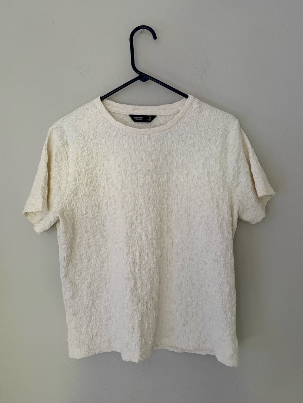 Cream Crinkle Top Textured Short Sleeve Tee Shirt XL Capsule Quiet Luxury
